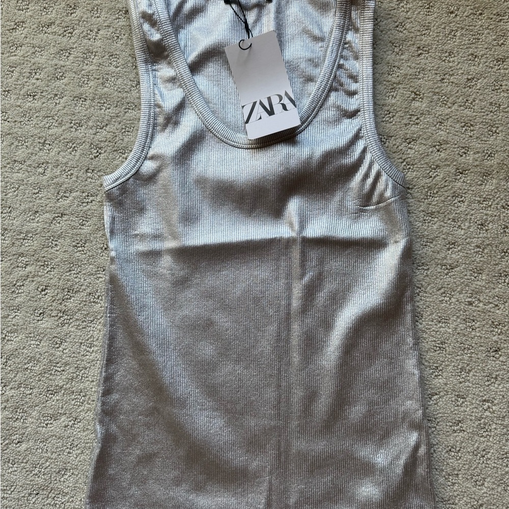 Zara Foil Rib Tank Top in Silver - Picture 2 of 4